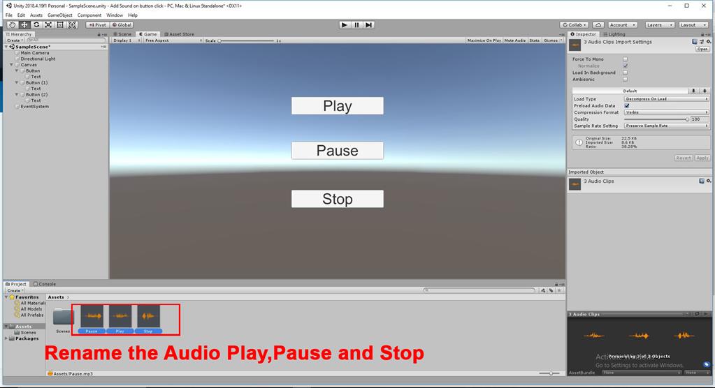 On Button Click Start The Audio Using C# Scripts In Unity